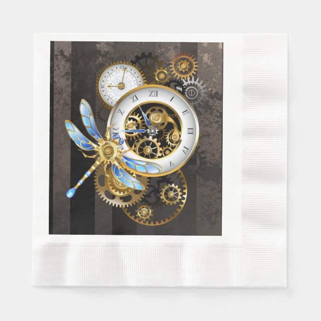 Steampunk Clock with Mechanical Dragonfly Napkin (Front)