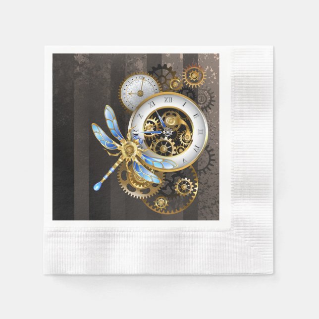 Steampunk Clock with Mechanical Dragonfly Napkin (Front)