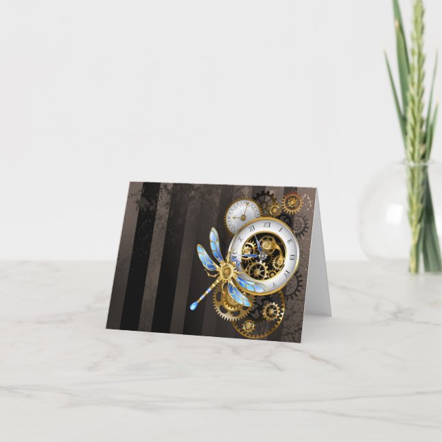 Steampunk Clock with Mechanical Dragonfly Note Card (Front)