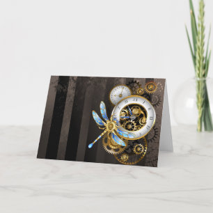 Steampunk Clock with Mechanical Dragonfly Note Card