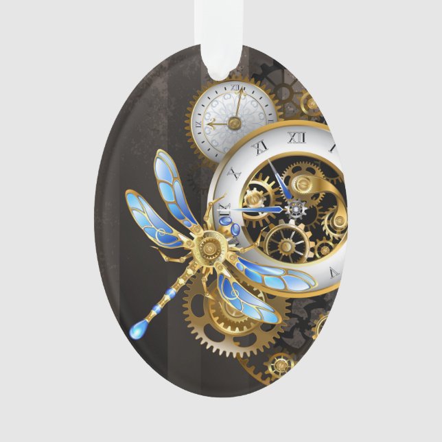 Steampunk Clock with Mechanical Dragonfly Ornament (Front)