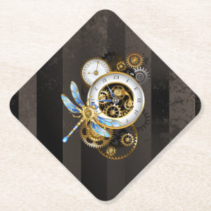 Steampunk Clock with Mechanical Dragonfly Paper Coaster
