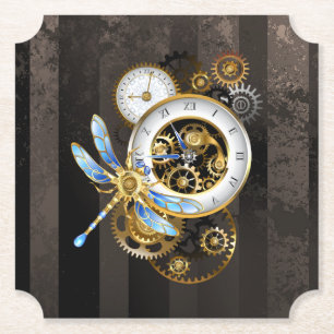 Steampunk Clock with Mechanical Dragonfly Paper Coaster