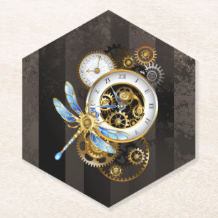 Steampunk Clock with Mechanical Dragonfly Paper Coaster