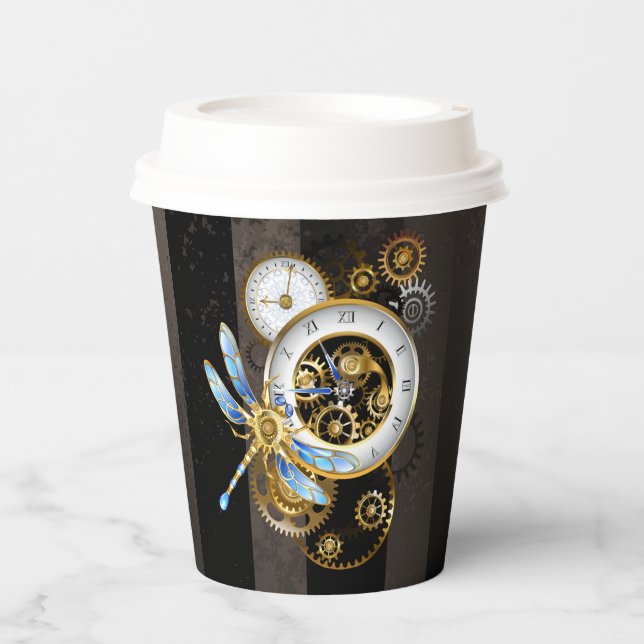 Steampunk Clock with Mechanical Dragonfly Paper Cups (Front)