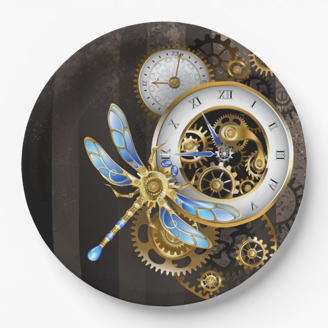 Steampunk Clock with Mechanical Dragonfly Paper Plate (Front)