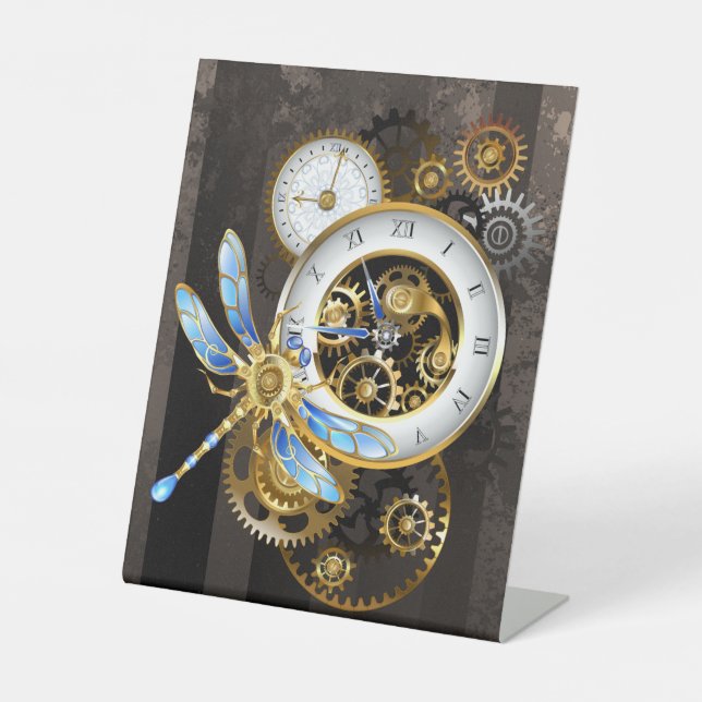 Steampunk Clock with Mechanical Dragonfly Pedestal Sign (Front)