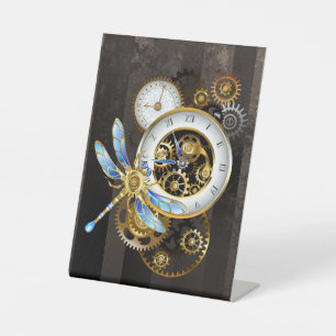 Steampunk Clock with Mechanical Dragonfly Pedestal Sign