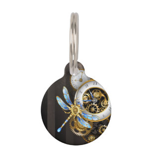Steampunk Clock with Mechanical Dragonfly Pet Tag