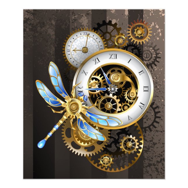 Steampunk Clock with Mechanical Dragonfly Photo Print (Front)