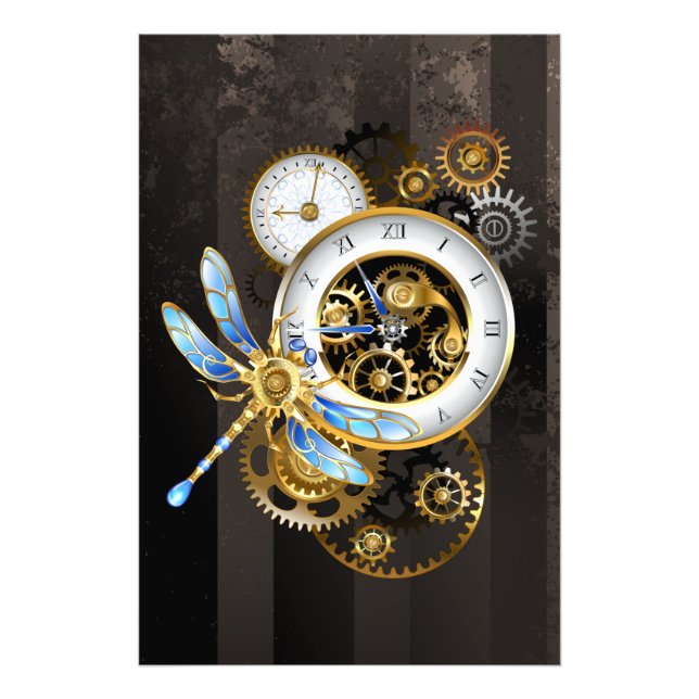 Steampunk Clock with Mechanical Dragonfly Photo Print (Front)