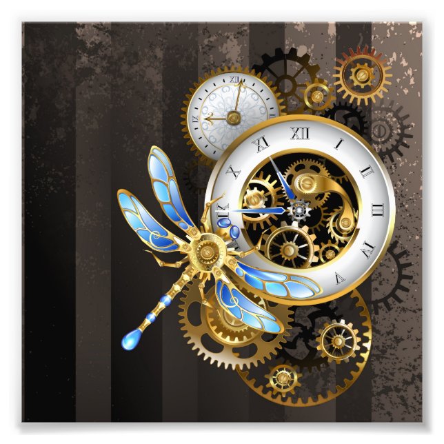 Steampunk Clock with Mechanical Dragonfly Photo Print (Front)