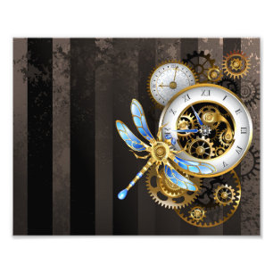Steampunk Clock with Mechanical Dragonfly Photo Print