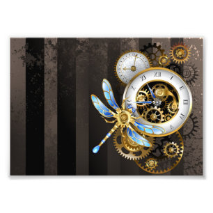Steampunk Clock with Mechanical Dragonfly Photo Print