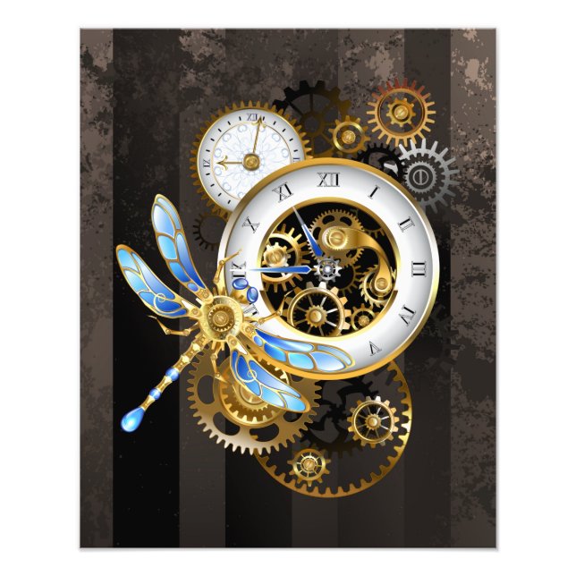 Steampunk Clock with Mechanical Dragonfly Photo Print (Front)