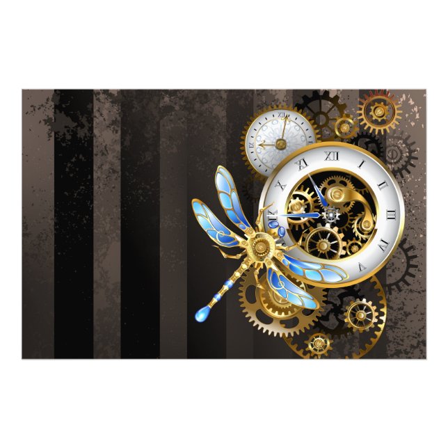 Steampunk Clock with Mechanical Dragonfly Photo Print (Front)