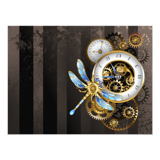 Steampunk Clock with Mechanical Dragonfly Photo Print (Front)