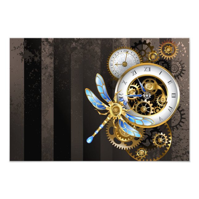 Steampunk Clock with Mechanical Dragonfly Photo Print (Front)