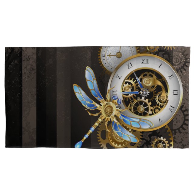 Steampunk Clock with Mechanical Dragonfly Pillowcase (Front)