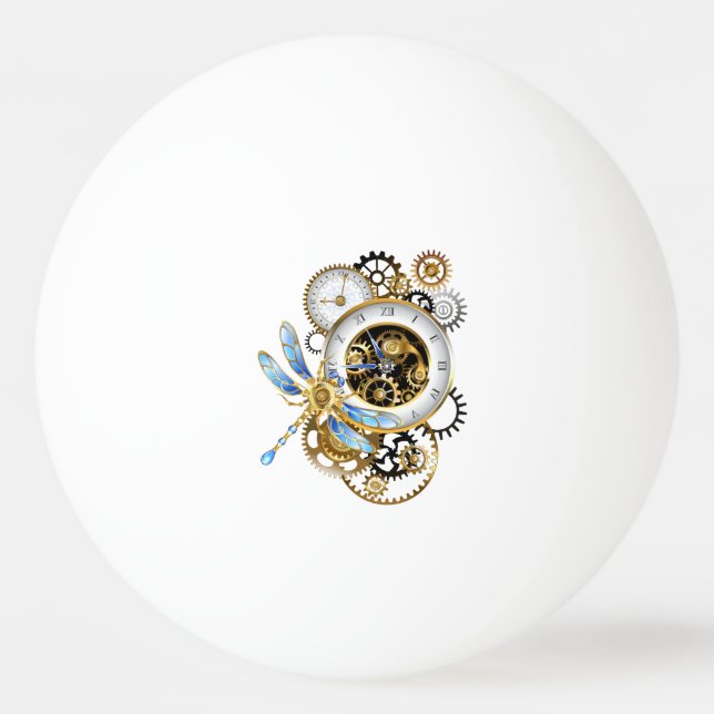 Steampunk Clock with Mechanical Dragonfly Ping Pong Ball (Front)