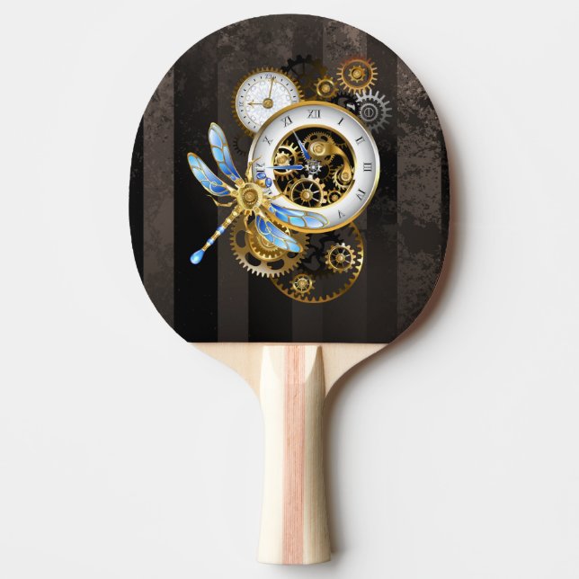 Steampunk Clock with Mechanical Dragonfly Ping Pong Paddle (Front)