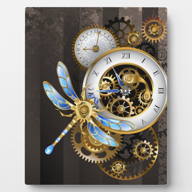 Steampunk Clock with Mechanical Dragonfly Plaque (Front)