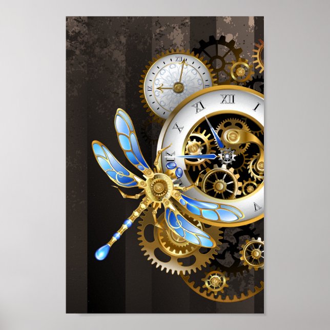 Steampunk Clock with Mechanical Dragonfly Poster (Front)
