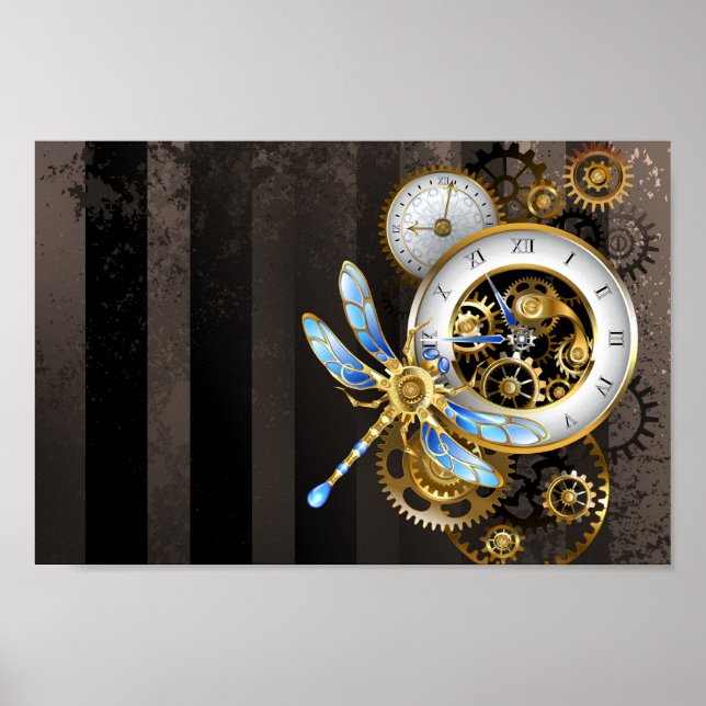 Steampunk Clock with Mechanical Dragonfly Poster (Front)