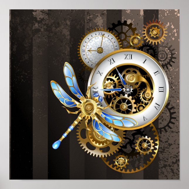 Steampunk Clock with Mechanical Dragonfly Poster (Front)