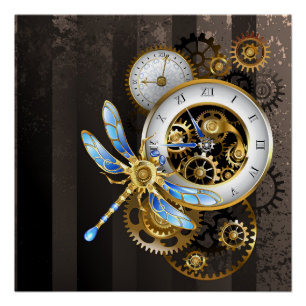 Steampunk Clock with Mechanical Dragonfly Poster