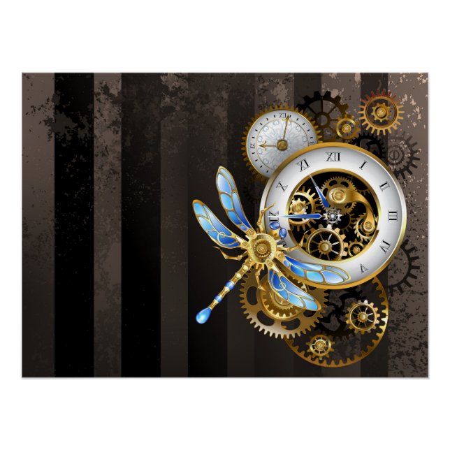 Steampunk Clock with Mechanical Dragonfly Poster (Front)