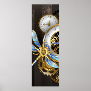 Steampunk Clock with Mechanical Dragonfly Poster