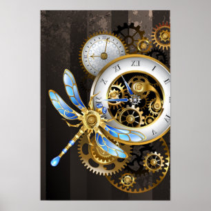 Steampunk Clock with Mechanical Dragonfly Poster