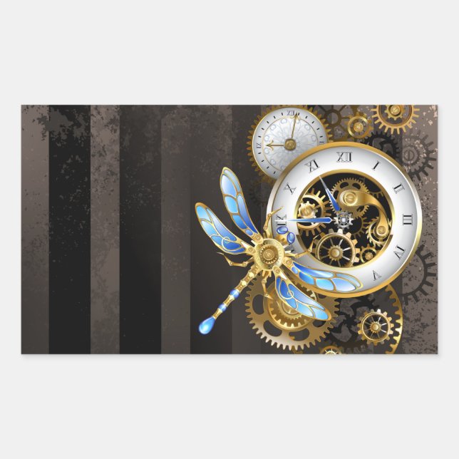 Steampunk Clock with Mechanical Dragonfly Rectangular Sticker (Front)