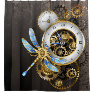 Steampunk Clock with Mechanical Dragonfly Shower Curtain