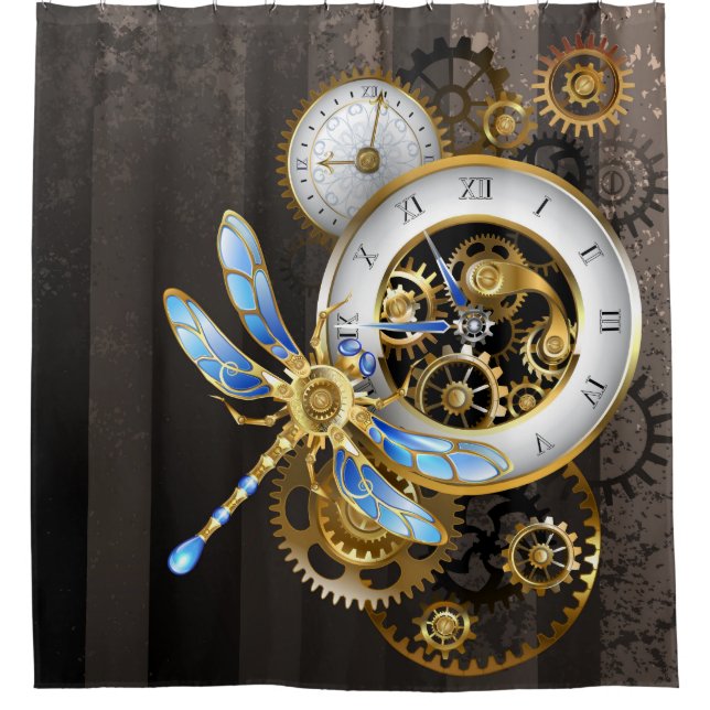 Steampunk Clock with Mechanical Dragonfly Shower Curtain (Front)