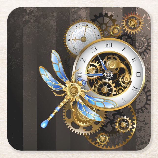Steampunk Clock with Mechanical Dragonfly Square Paper Coaster (Front)
