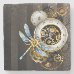 Steampunk Clock with Mechanical Dragonfly Stone Coaster