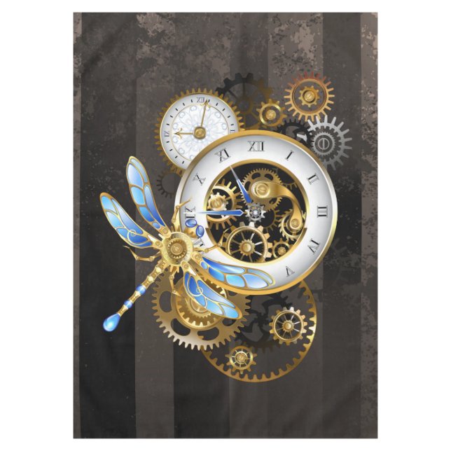Steampunk Clock with Mechanical Dragonfly Tablecloth (Front)