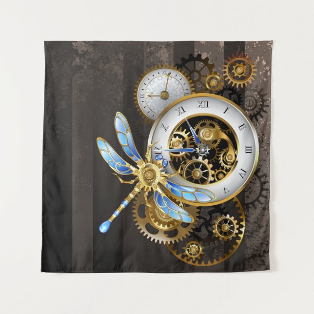 Steampunk Clock with Mechanical Dragonfly Tapestry (Front)