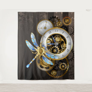 Steampunk Clock with Mechanical Dragonfly Tapestry