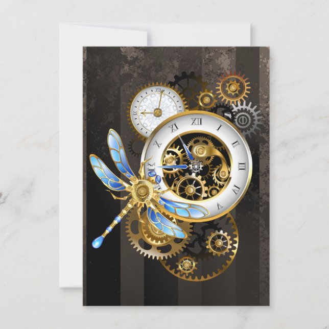 Steampunk Clock with Mechanical Dragonfly Thank You Card (Front)