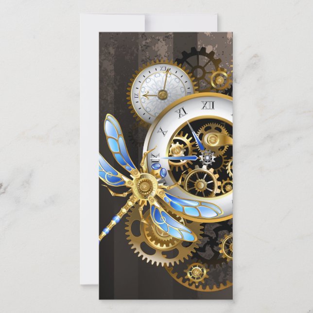 Steampunk Clock with Mechanical Dragonfly Thank You Card (Front)