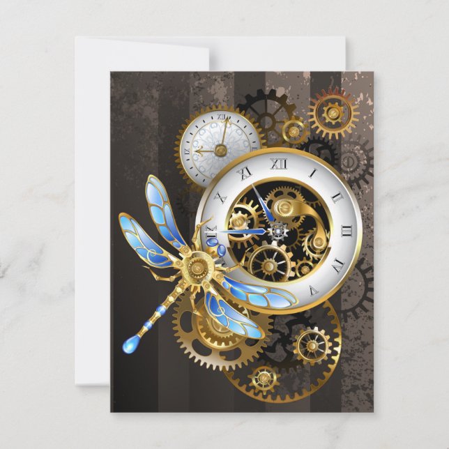 Steampunk Clock with Mechanical Dragonfly Thank You Card (Front)