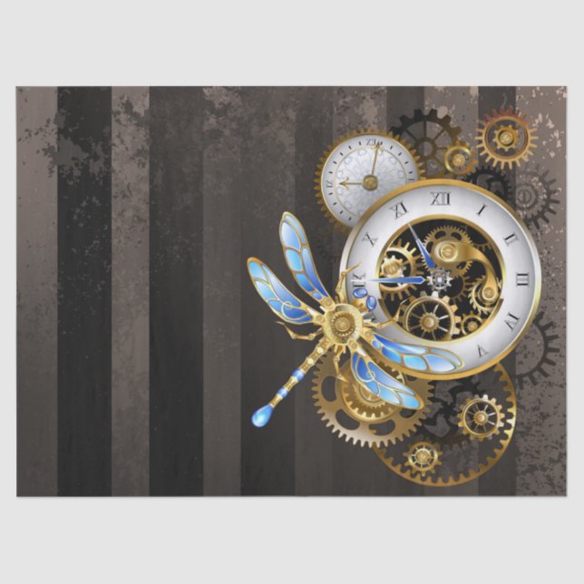 Steampunk Clock with Mechanical Dragonfly Tissue Paper (Front)