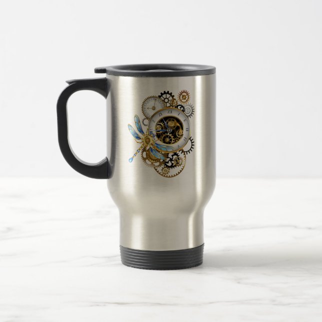 Steampunk Clock with Mechanical Dragonfly Travel Mug (Left)