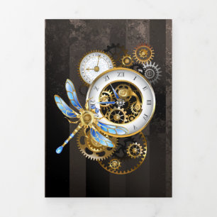 Steampunk Clock with Mechanical Dragonfly Tri-Fold Card