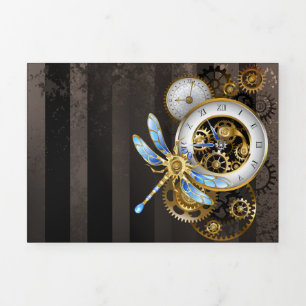 Steampunk Clock with Mechanical Dragonfly Tri-Fold Invitation