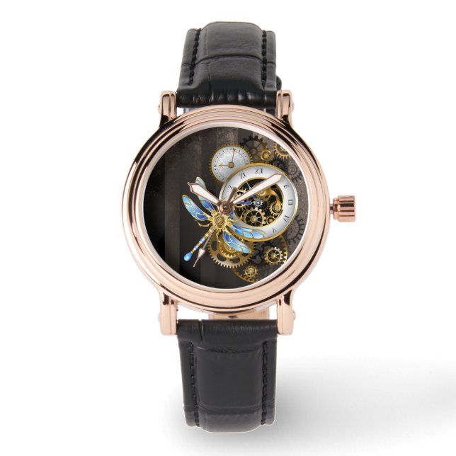 Steampunk Clock with Mechanical Dragonfly Watch (Front)