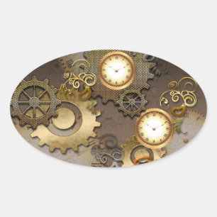 Steampunk, clocks and gears oval sticker